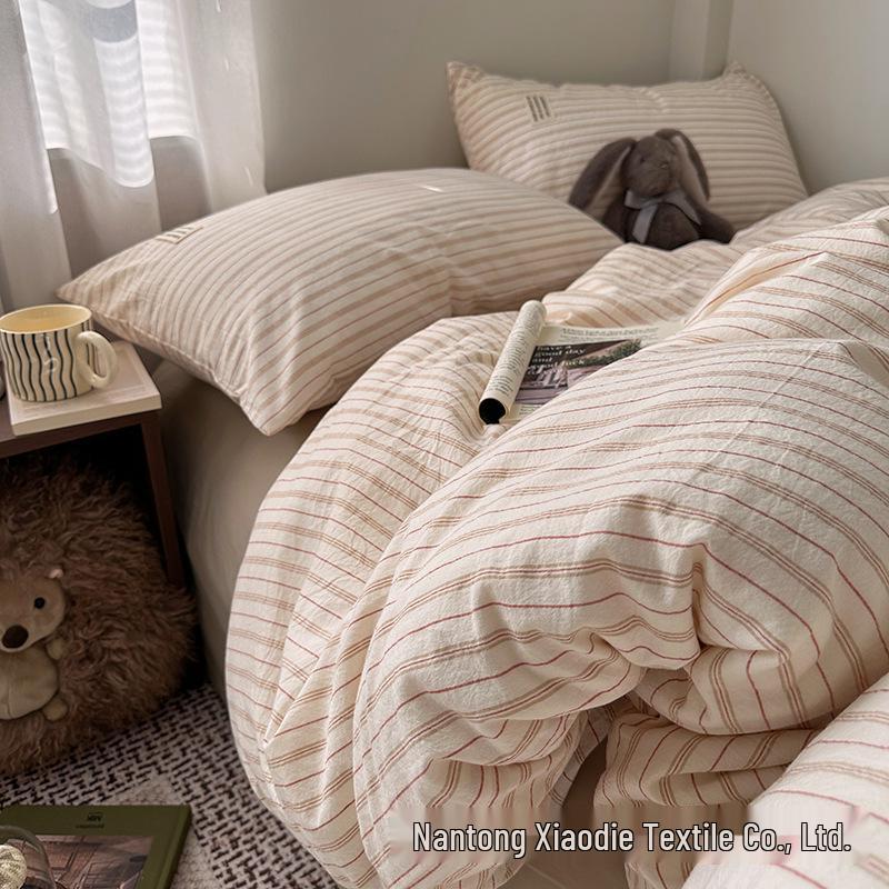Blogger Style Cotton Striped Bedding Set - 4-Piece Duvet & Sheet Set, Home & Student Use
