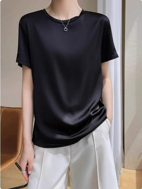 Damen Kurzarm Imitation Seide V-Ausschnitt T-Shirt - Weißes Satin Unterhemd Frühling/Sommer Top