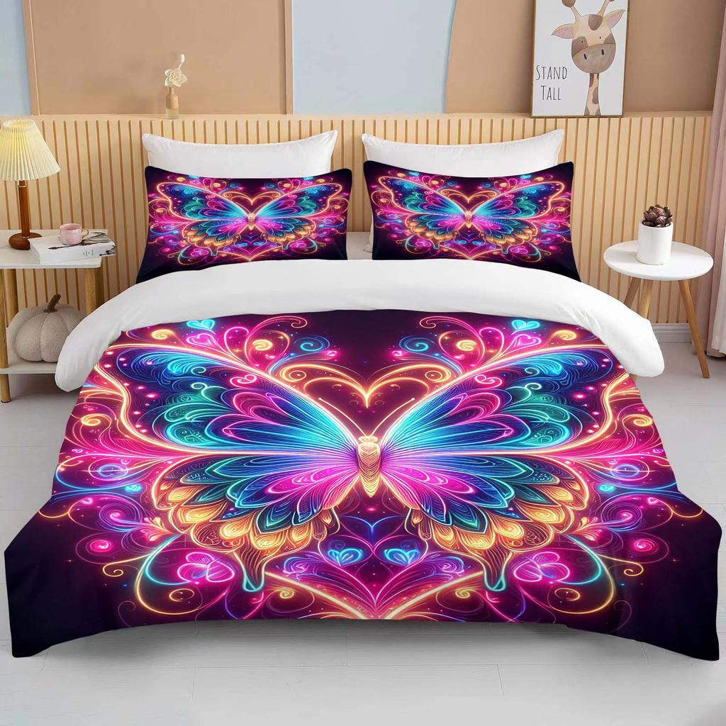 Neon Romantic Butterfly Roses Print Bedding Set Duvet Cover 1 Duvet Cover 2 Pillowcases Adult and Children Bedding Set Luxury