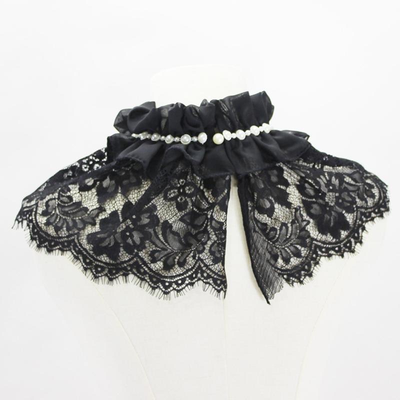 Schwarzer Damen Stehkragen Spitze Halsrüsche Falscher Kragen Cape mit Perle Sexy Vielseitig Dekorativer Kragen Schal Kostümzubehör