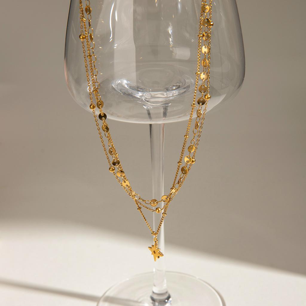 Youthway Rhinestone Star Layered Chain Pendant Necklace Women Stainless Steel Golden Metalic Waterproof Texture Necklace Jewelry