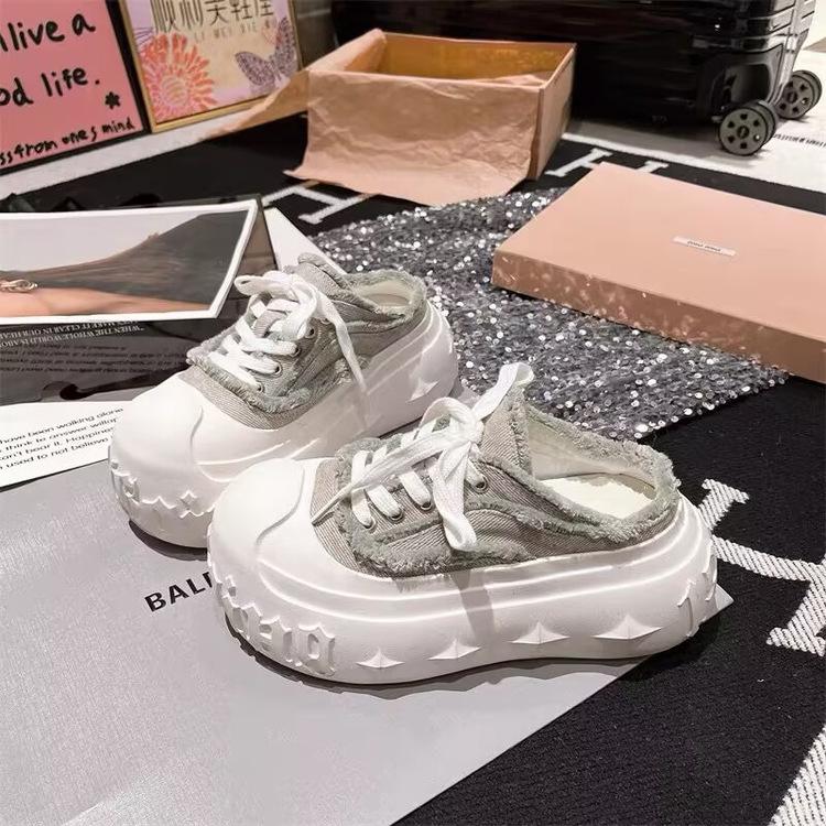 Denim Lace-up Bread Shoes Spring and Summer Muffin Thick-soled Bag Head Half Slippers Women's Height-increasing Casual Sports Shoes Outer Wear