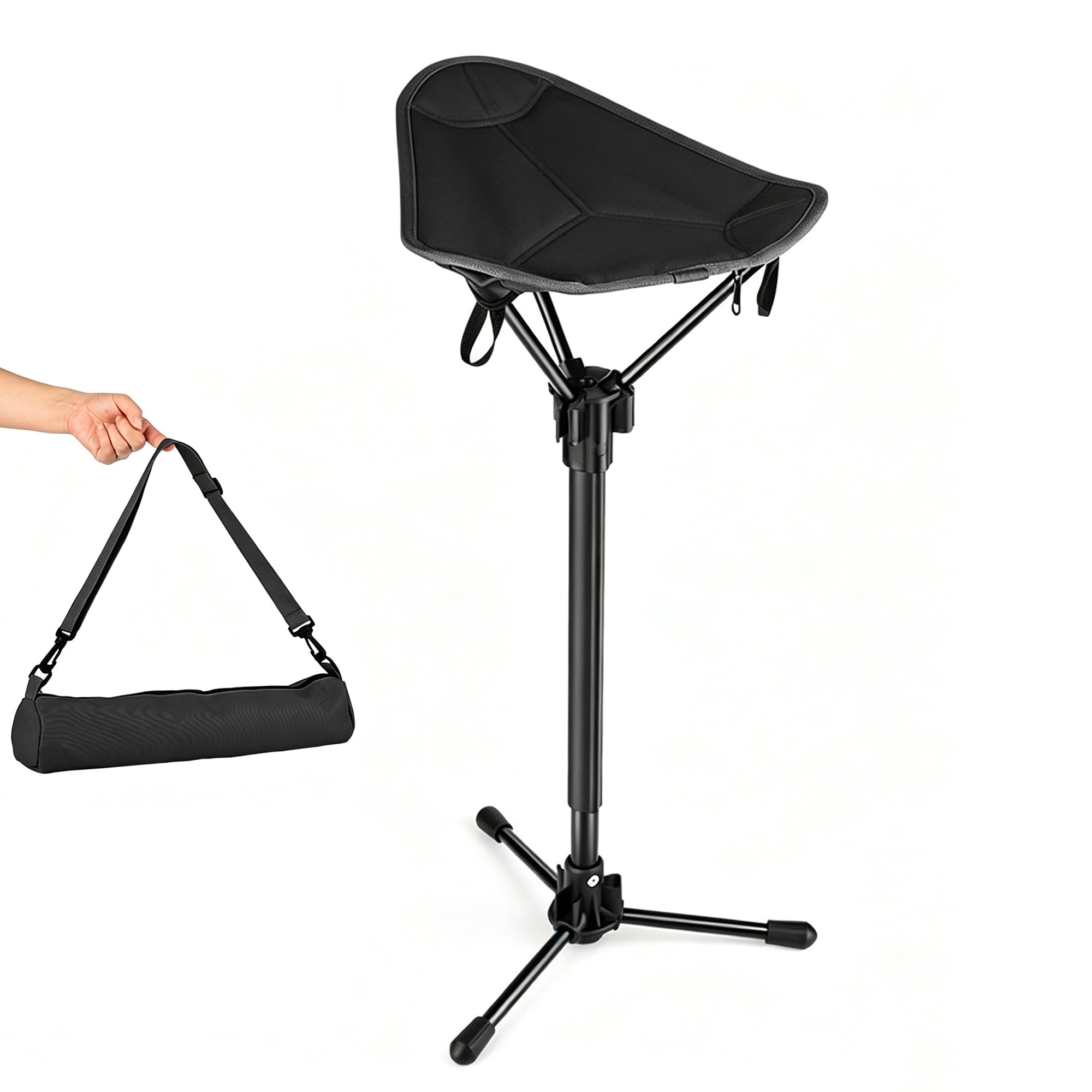 Tragbarer Klapp-Dreibeinstuhl mit verstellbarer Höhe, Teleskopischer Campinghocker mit Tragetasche, Leichter faltbarer Sitz für Camping, Outdoor-Reisen schwarz