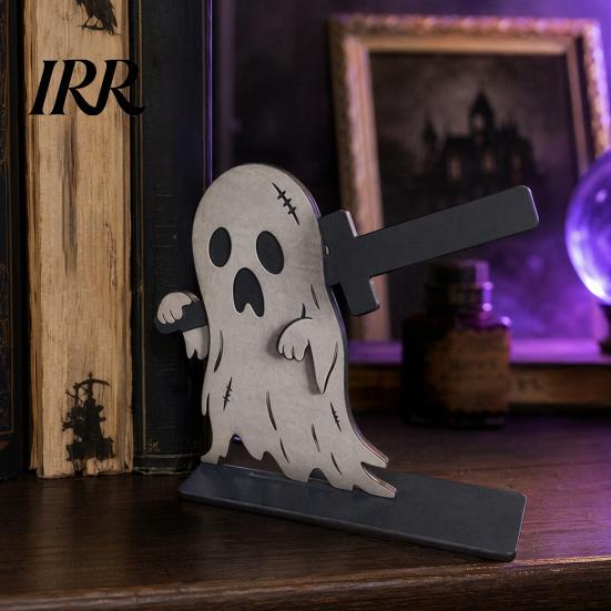 Festive Table Decor Halloween Sign, Spooky Ghost Grim Reaper Black Cat Pumpkin Scarecrow Realistic Patterns Wooden Tabletop Centerpiece for