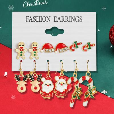 Fashionable Cartoon Sweet Earrings With 6 Pairs Of Christmas Style Santa Claus And Christmas Deer Pattern Earrings Accessories