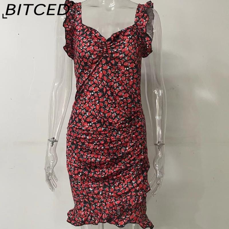 BITCED Summer Women Floral Print Butterfly Sleeve Bodycon Dress Ruffle V Neck Bandage Casual Short Sundress Female Beach Spaghetti Strap Mini Dress
