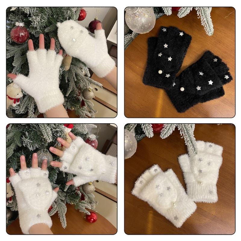 Half Finger Screentouch Gloves with Star Decors Soft Rex Rabbit Furs Short Gloves for Students Girl Winter Daily Wear