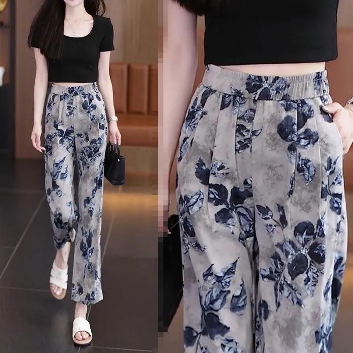 

Women s Summer Ice Silk Pleated Wide-Leg Pants - Elastic Waist, Nine-Point Length, Loose Casual Fit. 3XL