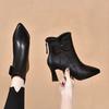 New Velvet Pointed Small Bow Leather Boots Women's Autumn and Winter Thick Heel Fashion Boots Martin Boots Short Boots