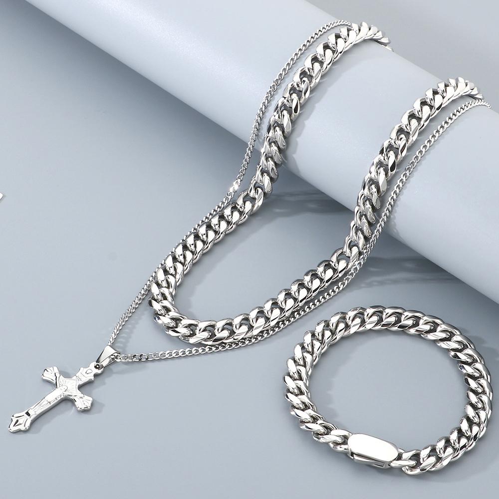 Men's Double Layer Cross Pendant Necklace for Men Gold Color Stainless Steel Cuban Link Chain Necklaces Bracelets Jewelry Set