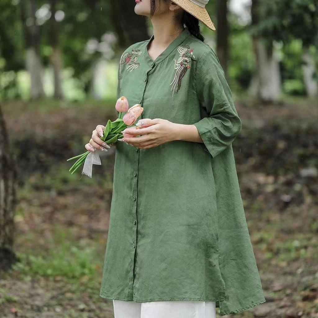 Frühlings-/Sommer-Strickjacke aus bestickter Baumwolle und Leinen: Vielseitige, locker sitzende, mittellange Oberbekleidung für Damen