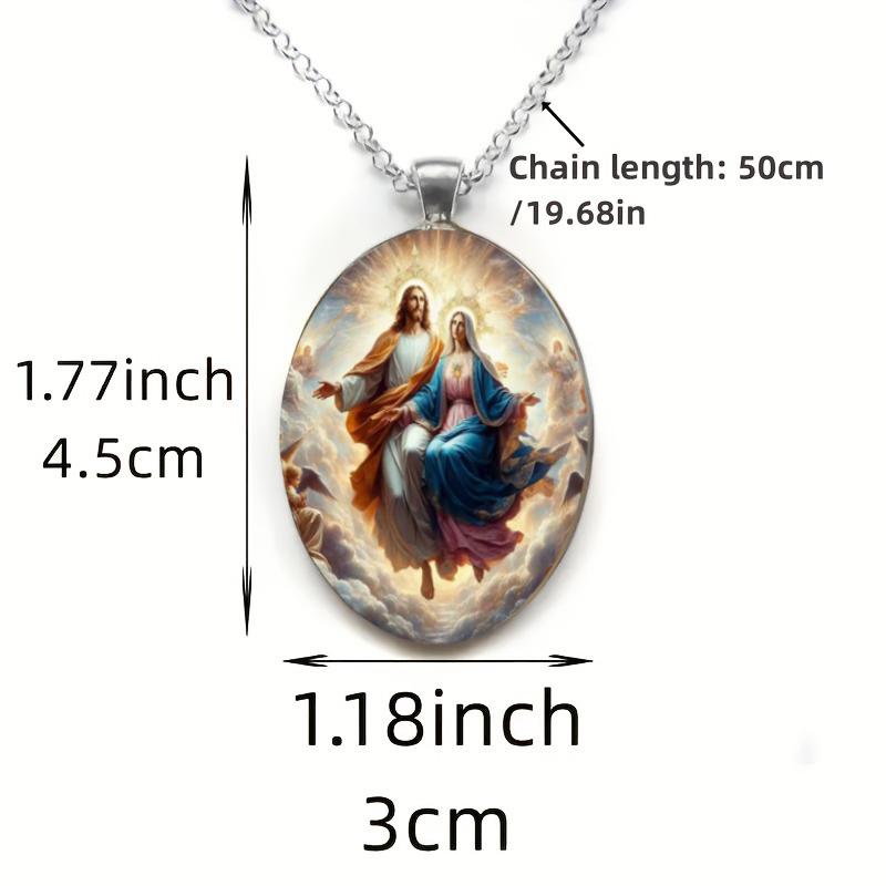 Un collier pendentif représentant Jésus, la Vierge Marie et des thèmes de la foi chrétienne, avec un pendentif en verre gemme temporel.