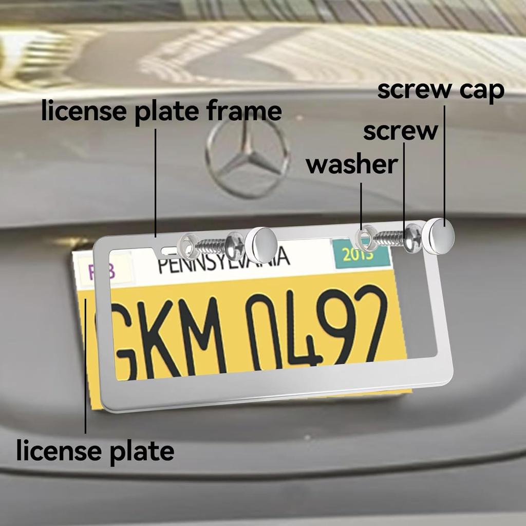Mirror Polished Heavy Duty Stainless Steel License Plate Frame With Chrome Screw Caps, 2 Holes Rust-Proof Chrome-Like Finish Stainless Steel License