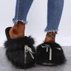 Sweet Bowknot Mix Color Faux Fur Slides Women 2025 Autumn Warm Short Plush Outdoor Slippers Soft Sole Cotton Mules Slippers