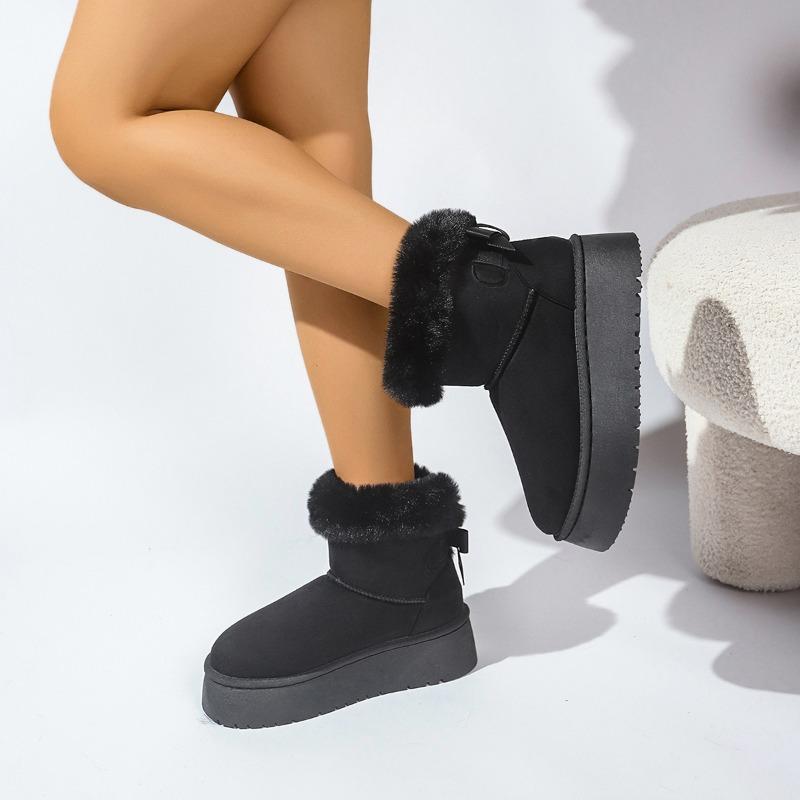 Fashion 2025 Winter Bow Pile Thick Cotton Boots Casual Thick Soled Mid-tube Snow Boots Outdoor Wear Resistant Women's Plush Boots