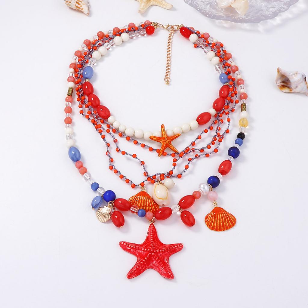 European and American leisure natural ocean wind hand-woven multi-layer beaded alloy exaggerated starfish pendant necklace