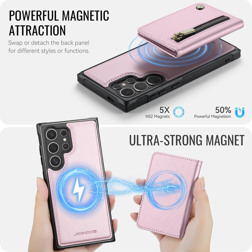 For Samsung Galaxy S26 Ultra Case JEEHOOD J12 Magnetic Detachable Zipper Wallet Kickstand Leather Back Cover Compatible with MagSafe