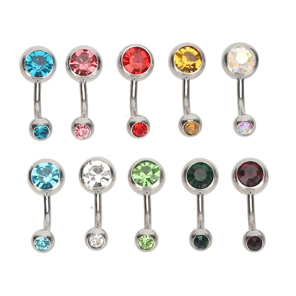10pcs Belly Button Rings Colorful Rhinestone Stainless Steel Curved Navel Barbell Body Piercing Jewelry
