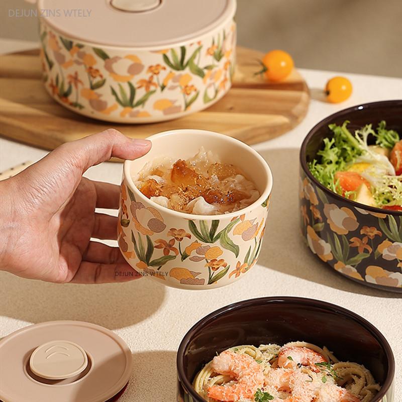 French Fresh-keeping Bowl with Lid Sealed Ceramic Bowl Microwave Oven Heating Bento Box Exquisite Home Noodle Bowl Friend Gift