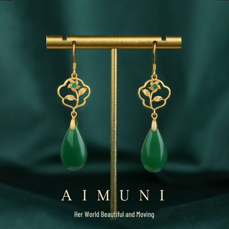 925 Sterling Silver Chalcedony Stud Earrings, Chinese Palace Style, Elegant Qipao Inspired Luxury for Women