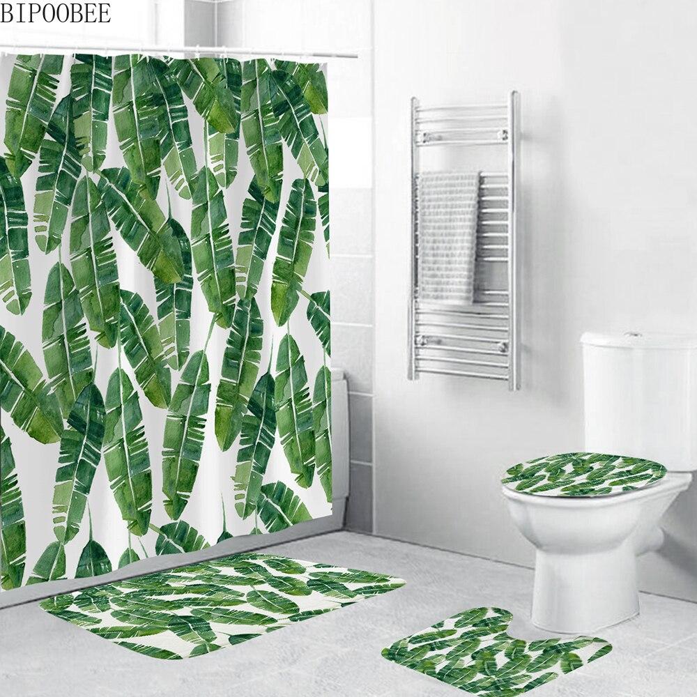 Tropical Plants Fabric Bathroom Shower Curtain Set Banana Leaf Toilet