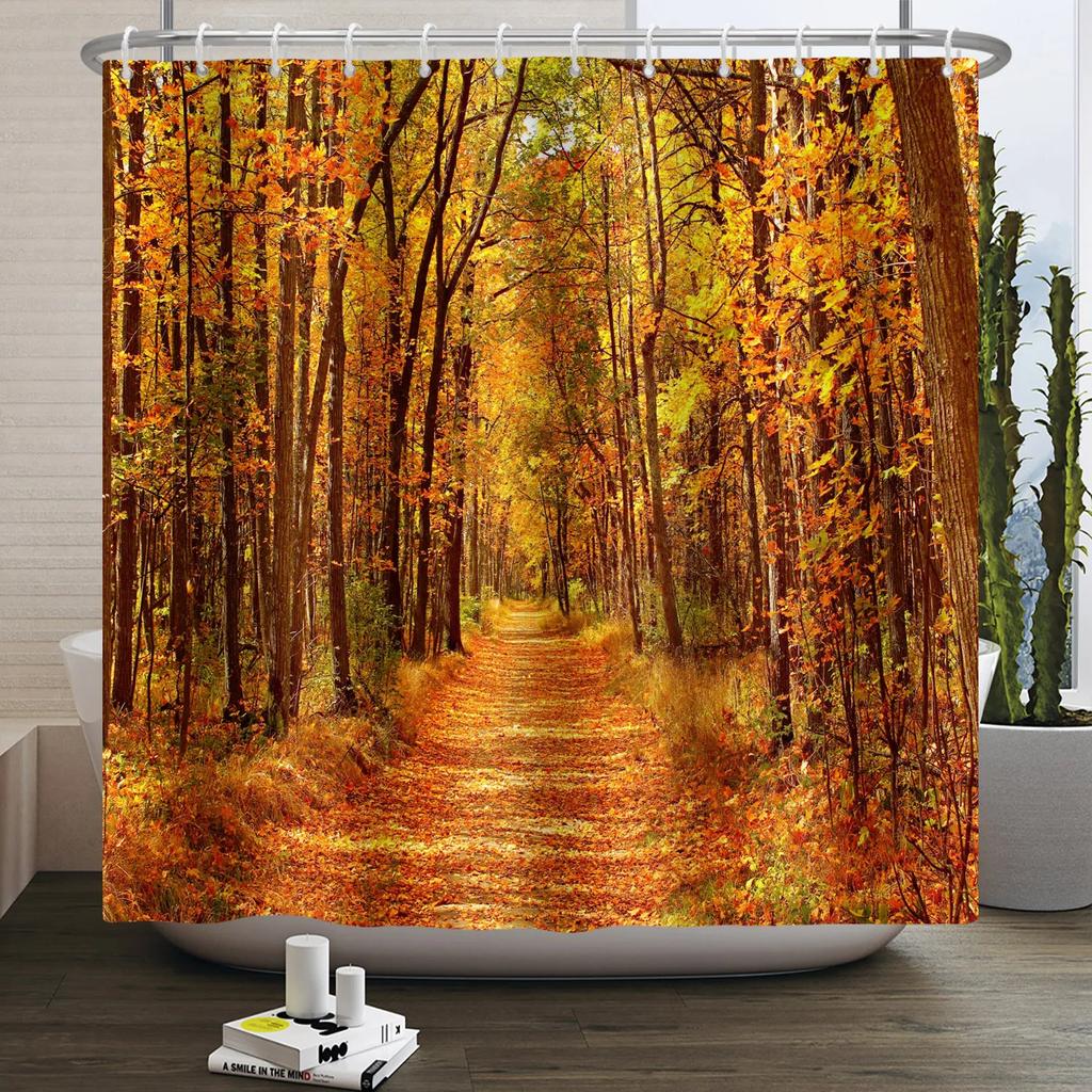 Fall Forest Natural Scene Shower Curtain for Bathroom Autumn Maple Tree Plants Rural Landscape Pumpkin Waterproof Shower Curtain