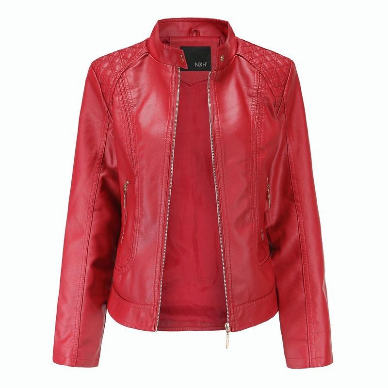 Women Faux Leather Biker Jacket Ladies Stand Collar Zip Coat Outwear