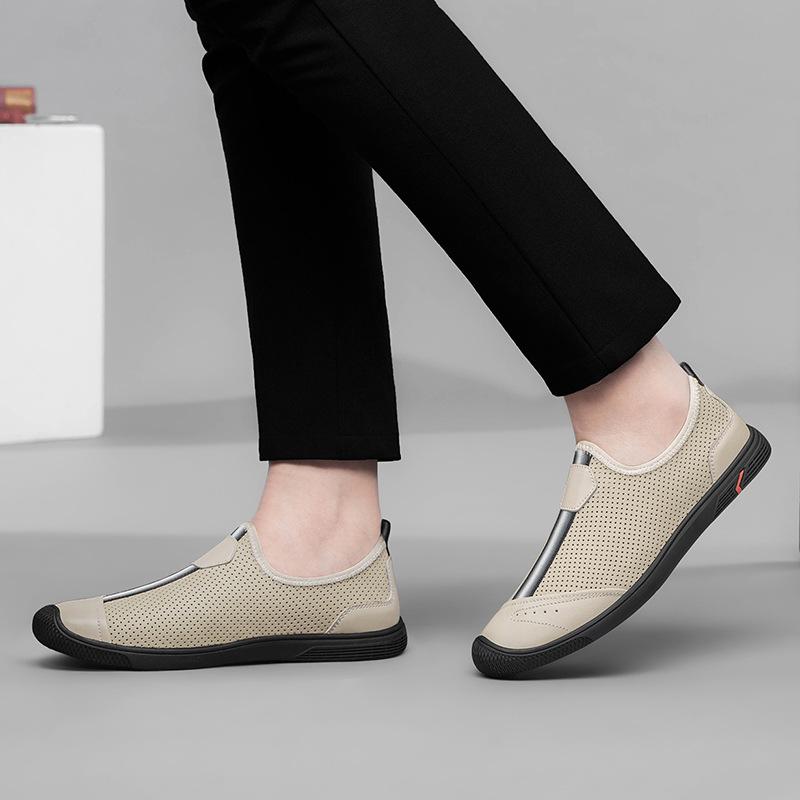 Men's Shoes 2025 Summer New Men's Thin Punching Breathable Hollow Leather Shoes Black One-pedal Lazy Casual Shoes