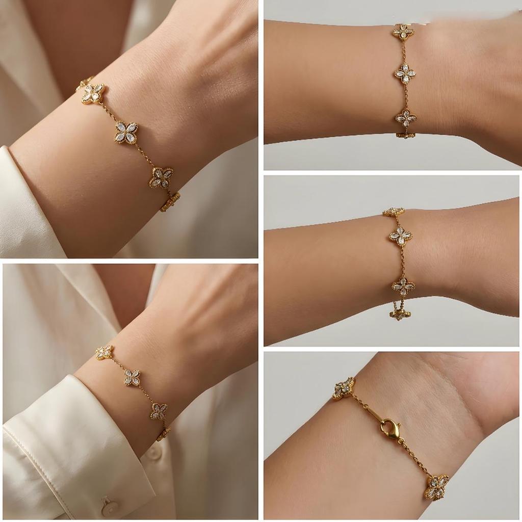 Luxury Zircon Four-Leaf Clover Bracelet with Water Drop Diamond in Titanium Steel