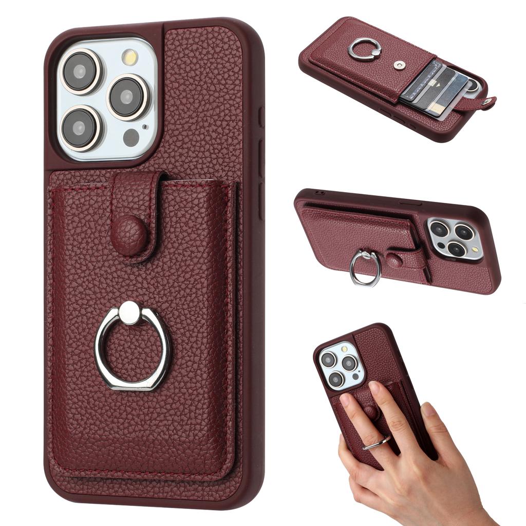 For iPhone 15 Pro Max Case Drawing Type Card Slots Litchi Texture Leather Back Cover with Ring Kickstand