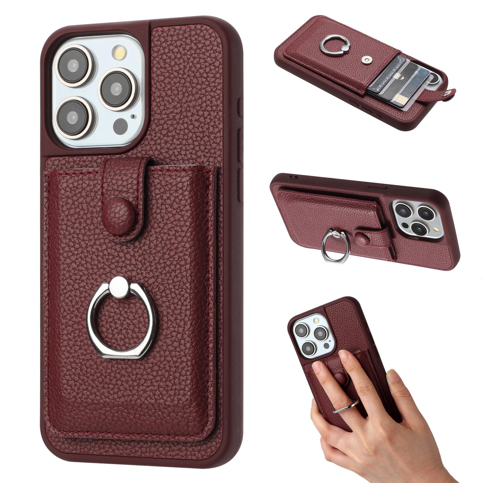 

For iPhone 16 Pro Case Drawing Type Card Slots Litchi Texture Leather Back Cover with Ring Kickstand Wine Red