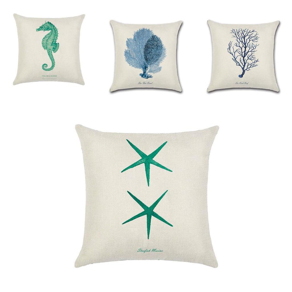 Premium Quality Flax Throw Pillow Case With Marine Organism Patterns For Home Decor