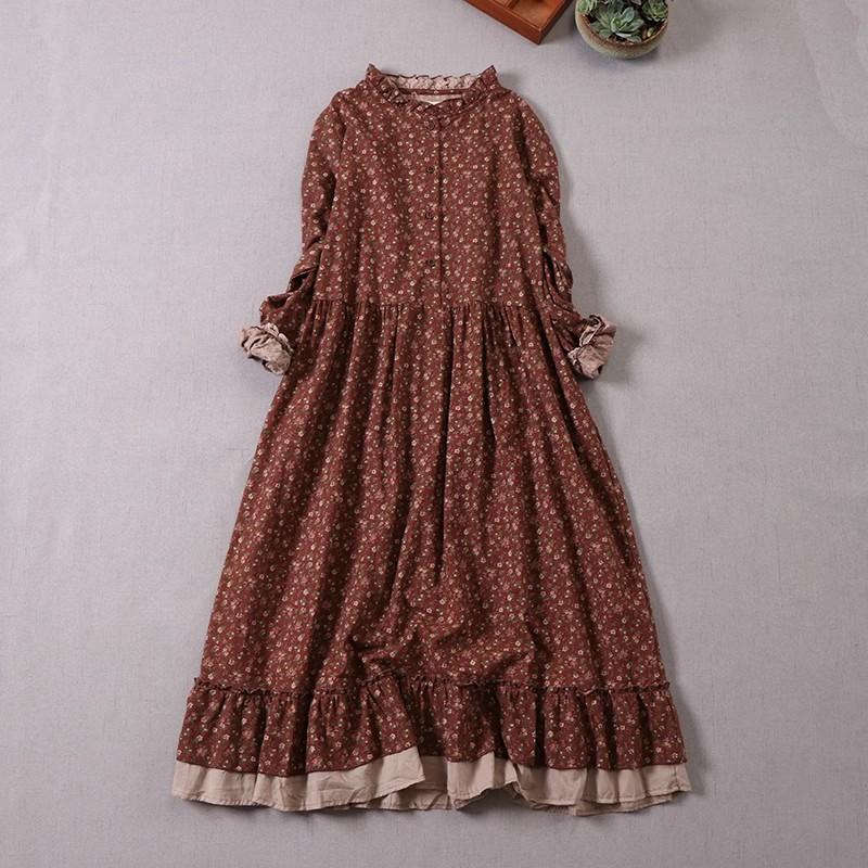 Japanese Mori Girl Art Print Dress Pretty Cotton Linen Spring Women Floral  Dress Loose Long-sleeved  Dress Midi Dress