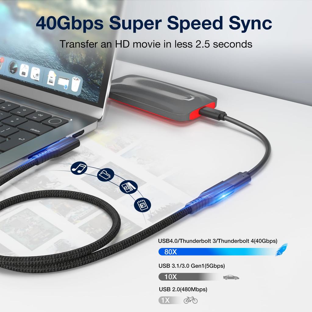 Erweiterung USB4 Erweiterung Thunderbolt Lade Stecker zu Kompatibel mit iPhone iPad Galaxy und Anderen Geräten 0.6M L-förmiges USB-C Kabel, 40Gbps, Kabel,