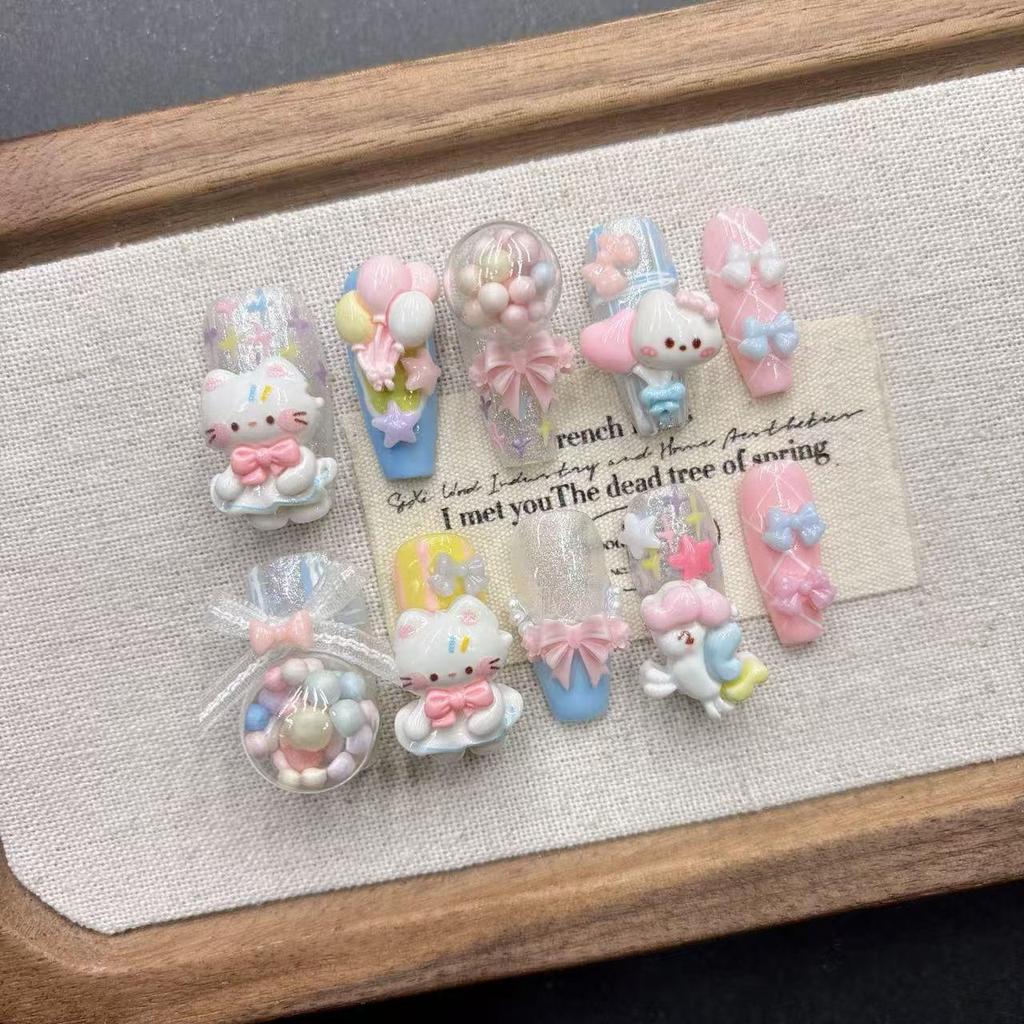 High-End Cartoon Kitten Nail Tips – Bestseller Medium-Long Pointed Handmade Whitening Nails