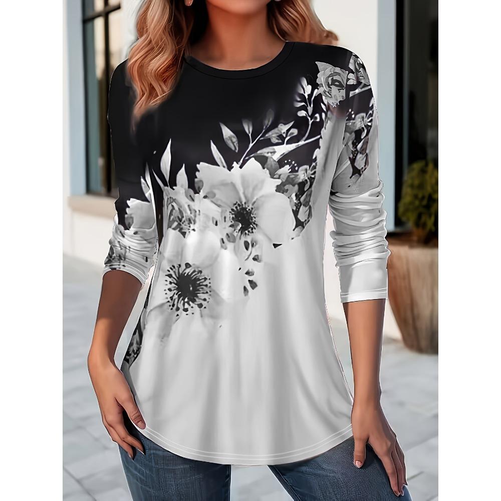 Vibrant Floral Crew Neck Long Sleeve T-Shirt Fashion Pattern Women Clothing Casual Y2k Clothes
