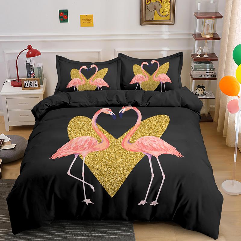 Animal Flamingo King Queen Duvet Cover Cartoon Pink Tropical Bird Bedding Set For Kids Teens Aduls Blue Soft 2/3pcs Quilt Cover