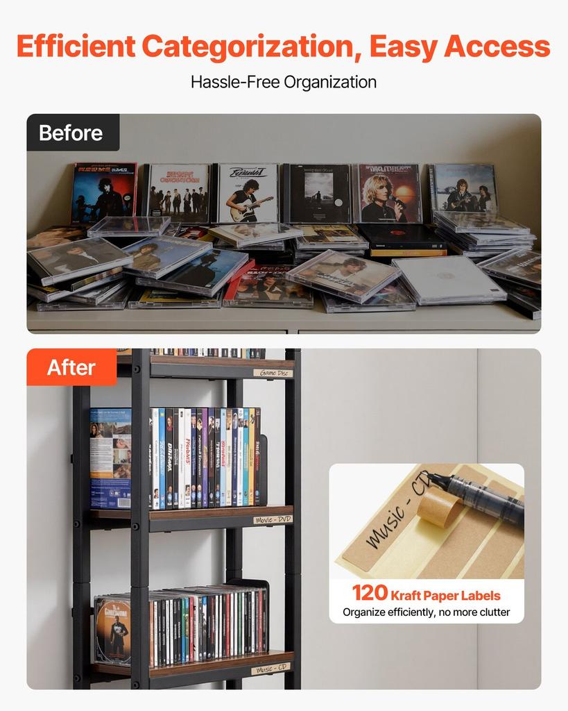 Media Storage Cabinet, 4-Shelf DVD Shelf Organizer with Drawers, 40 X 30 X 143.5 Cm Multimedia Storage Organizer for CDs, DVDs, Books and Games, CD
