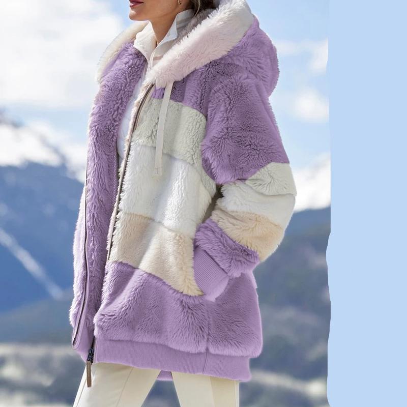 Damenjacke mit Kapuze, warm, Plüsch, lose Jacke für Damen, Patchwork, Winter-Oberbekleidung, Kunstpelz, Reißverschluss, Damen-Parka-Mantel, 9 Farben, S-5XL