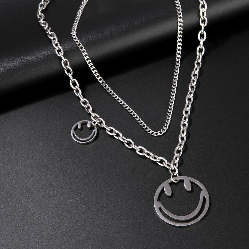 Titanium Steel Smiley Face Necklace Female Hip Hop Double Pendant Collarbone Chain Sweater Chain Neck Chain Item