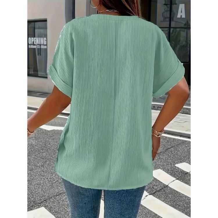 New Four Season Fashion Button Down Short Sleeve T Shirt Elegant Solid Color Casual Womens Plus Size