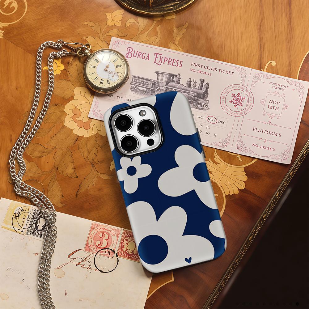 Navy Flower Phone Case for IPhone 17AIR 16E 16 15 14 13 12 11 17 Pro Max Plus Double-layer Back Cover