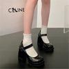 Zapatos Mary Jane, tacones altos, plataforma gruesa impermeable, suela gruesa, charol Spice Girl japonés, temperamento negro pequeño cuero francés.