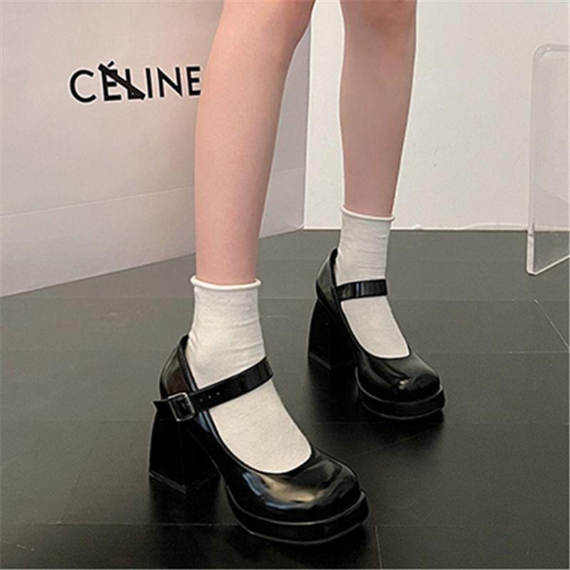 Zapatos Mary Jane, tacones altos, plataforma gruesa impermeable, suela gruesa, charol Spice Girl japonés, temperamento negro pequeño cuero francés.