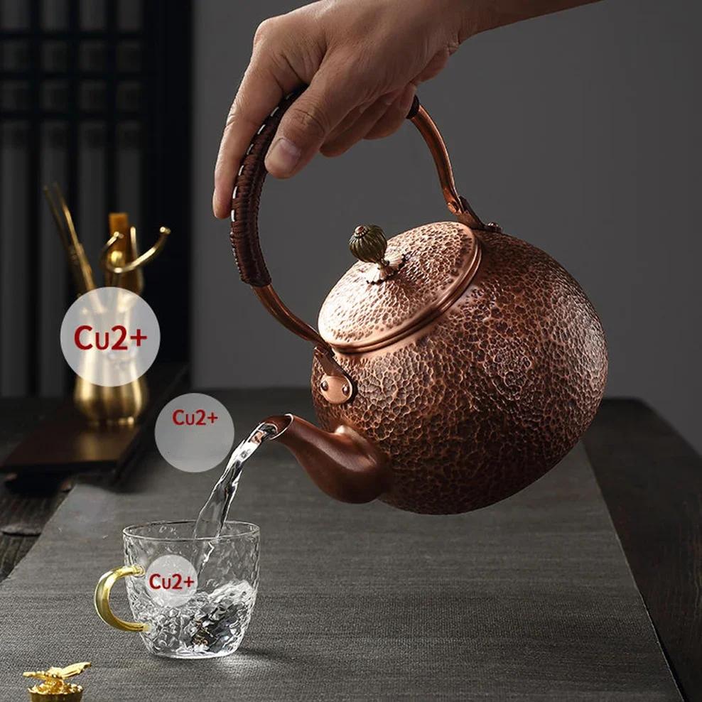 1.2L/1.5L Red Copper Kettle Large Capacity Pure Copper Boiling Water Kettle Manual Hammer Pattern Making Tea Pot