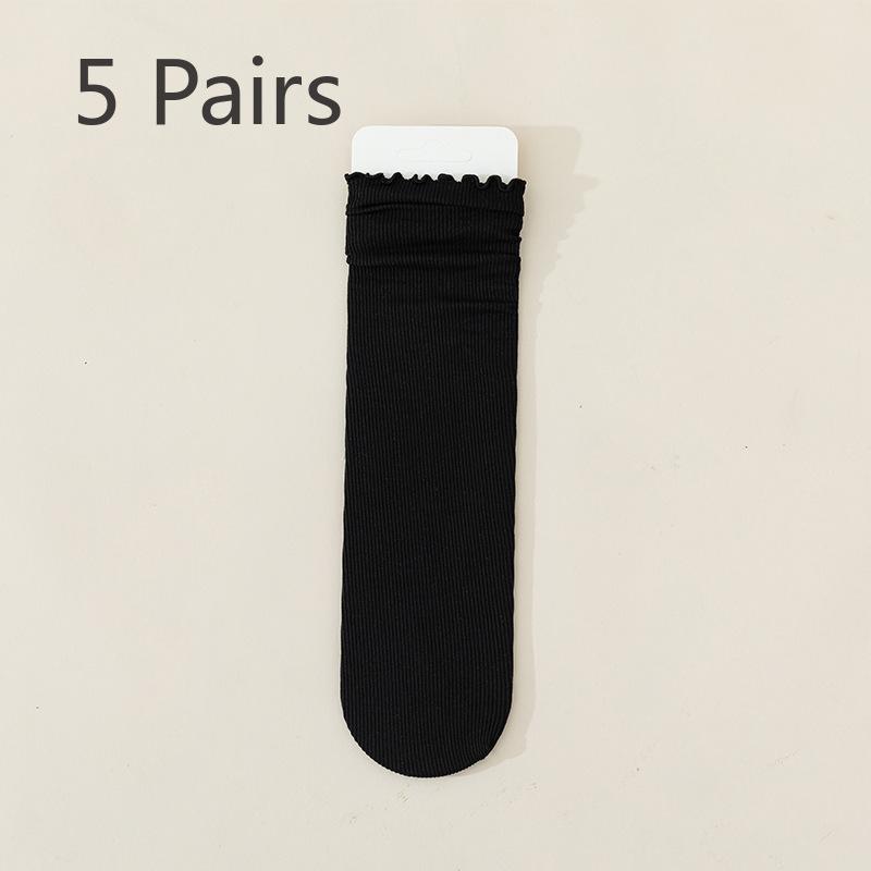 5 Pairs of Summer Ice Silk Cat Socks for Women, Thin Style with Black Fungus Edges, Middle Tube, White, Fluffy and Cute Ice Stockings