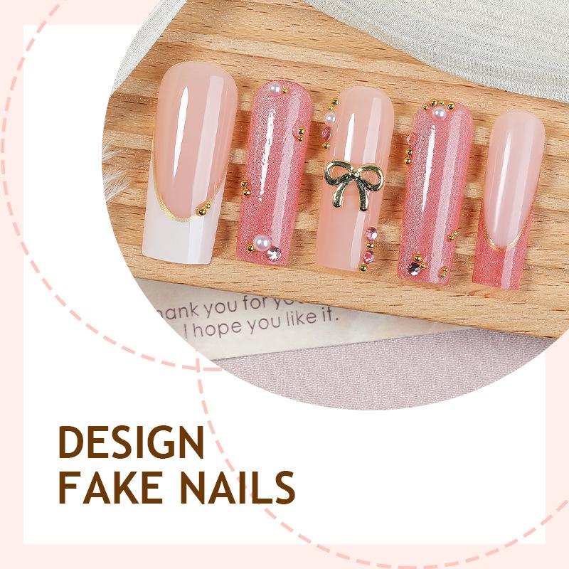 24pcs Cat Eye French Style Super Long Rhinestone-Inlaid Wearable Nail Tips with Bow Design