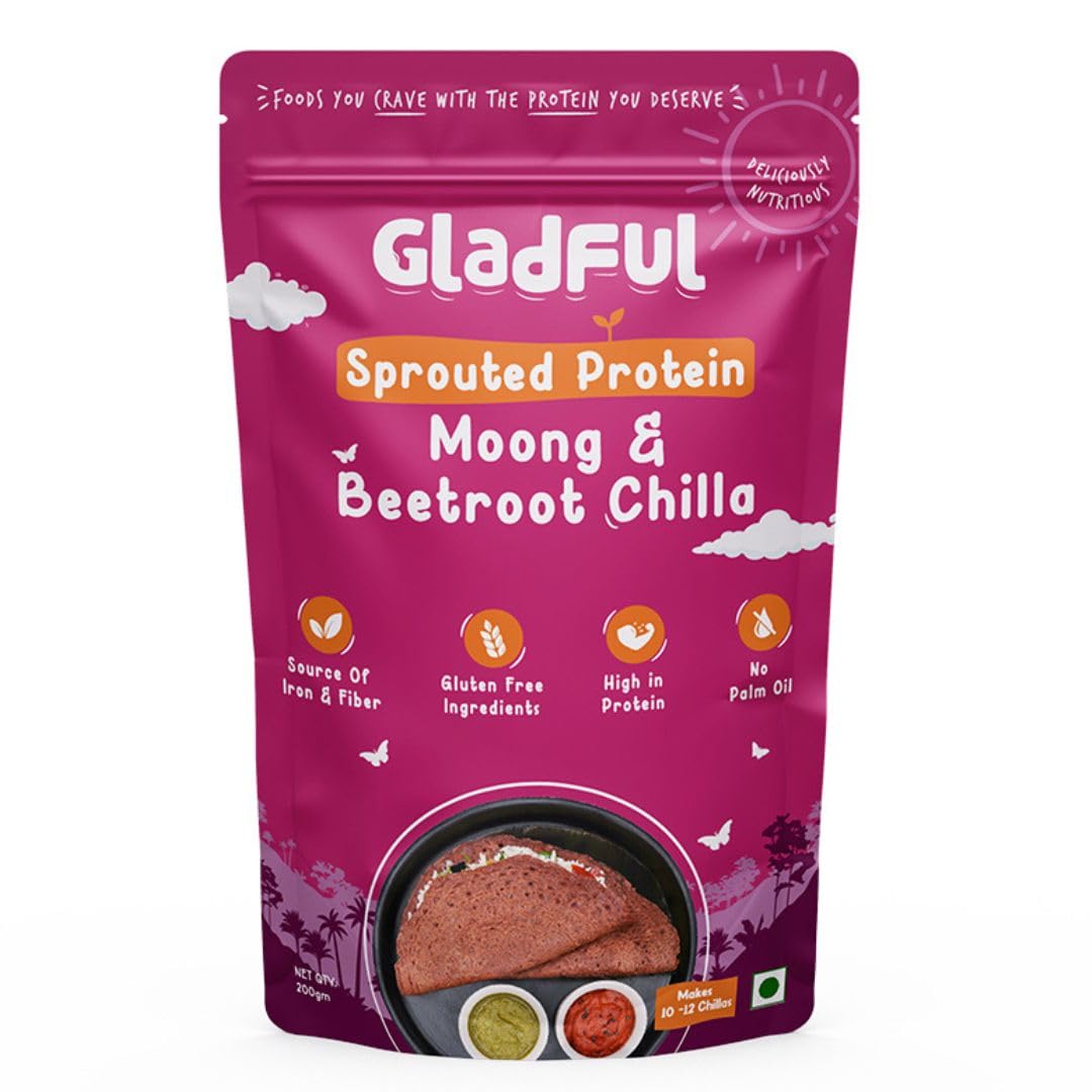 

Gladful Sprouted Lentils & Millets Instant Beetroot Chilla Dosa Mix, No Maida, No Palm Oil, Gluten Free, High Protein 200 G (Pack Of 1)