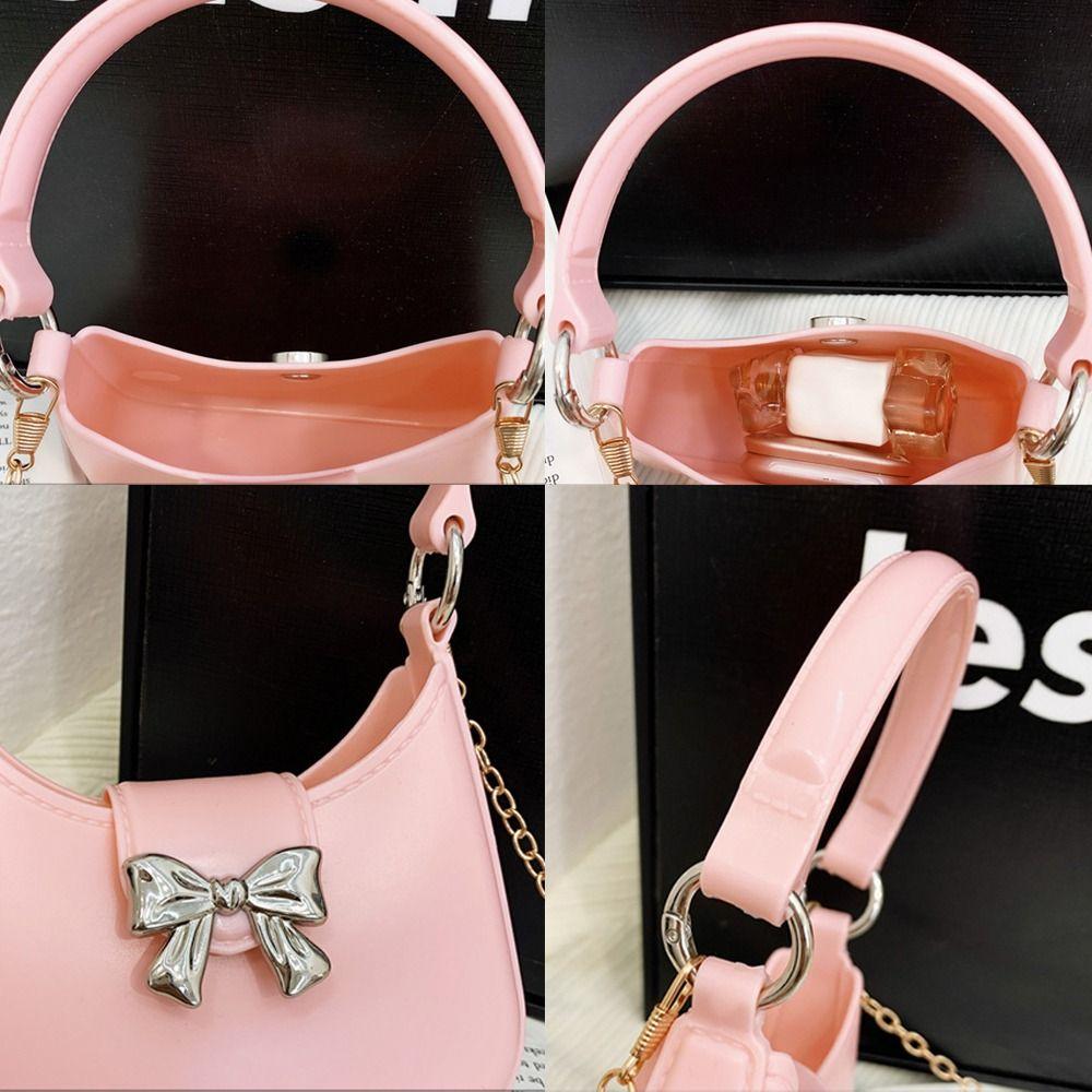 Versatile Mini Handheld Jelly Bag Bow Decoration Candy Color Crossbody Bag New Fashion Handbag with Chain Women Girls Moon Bag