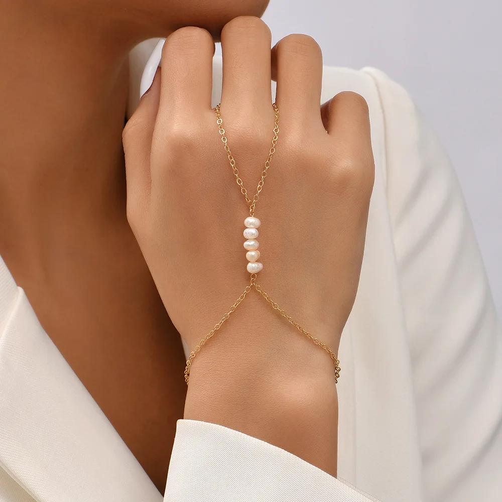 Simple Heart Slave Chain Bracelet Gold Plated Link Connected Wide Finger Ring Bracelets Jewelry Gifts For Women Girls